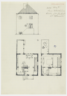 Drawing, Siedlungstype [Housing Example (Façade Elevation with Upper and Lower Level Floor Plans)]