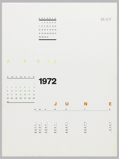 Calendar, April, May, June, for four typographical calendar pictures for nineteen hundred and seventy two