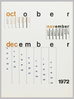 Calendar, October, November, December, for four typographical calendar pictures for nineteen hundred and seventy two