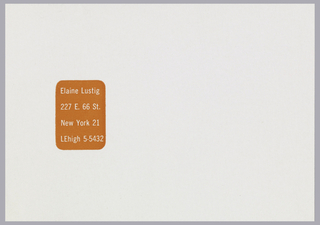 Label, Elaine Lustig, 227 East 66th Street, New York, NY