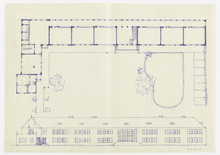 Drawing, Volksschule Stockerau (Stockerau Primary School - Floor Plan, Garden, and Front Façade Elevation)