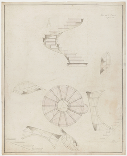Drawing, Perspective and Plan View of a Spiral Staircase that Turns to the Left