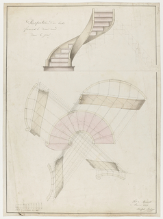Drawing, Perspective and Plan View of a Spiral Staircase