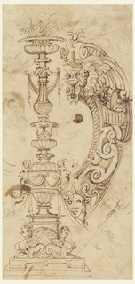 Drawing, Study for Candelabrum Motif and Strapwork Escutcheon