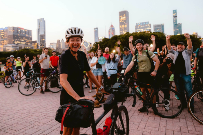 Lael Wilcox celebrates with fans upon her arrival in Chicago on Wednesday; (photo/Lael Wilcox)