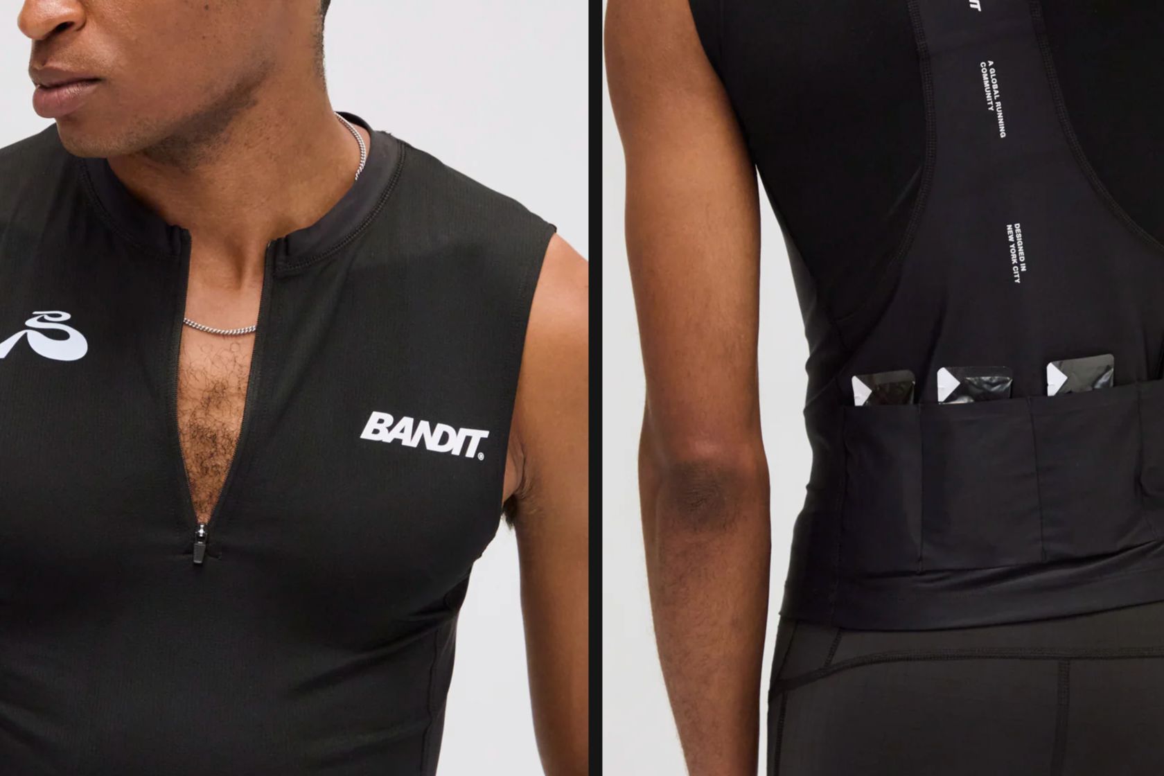Side by side of man wearing Bandit Ares Distance Sleeveless quarter-zip top, front view plus back view with pockets