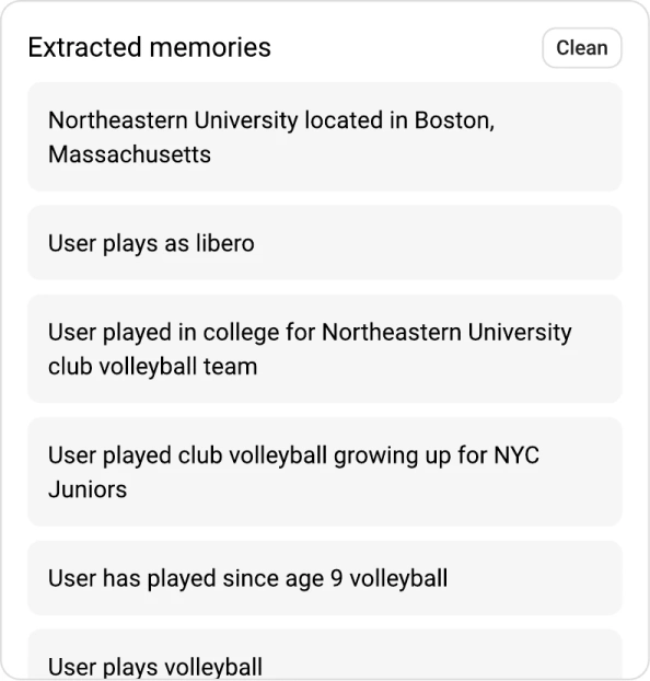 Extracted memories panel with Clean action