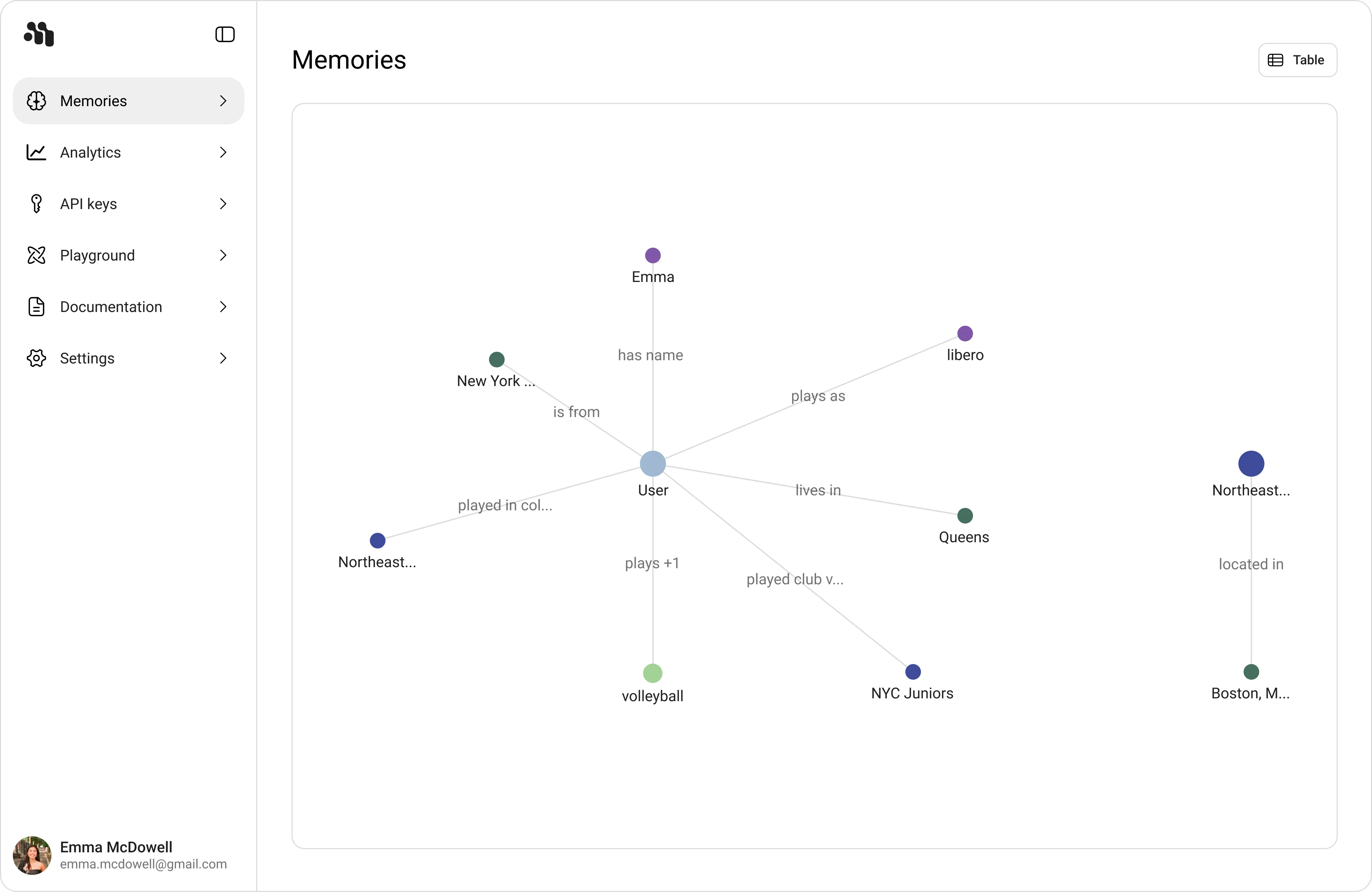 Playground overview with conversation, memory usage, extracted memories, and memory graph