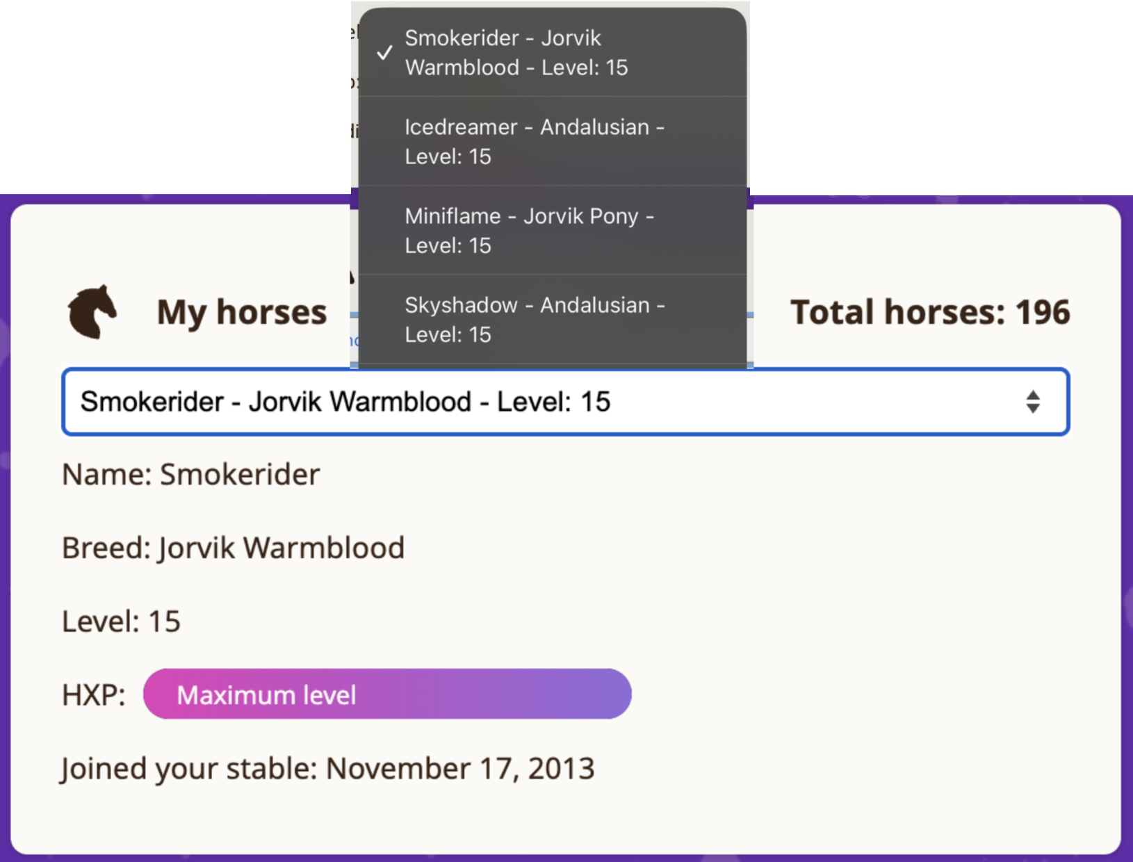 information for chosen horse