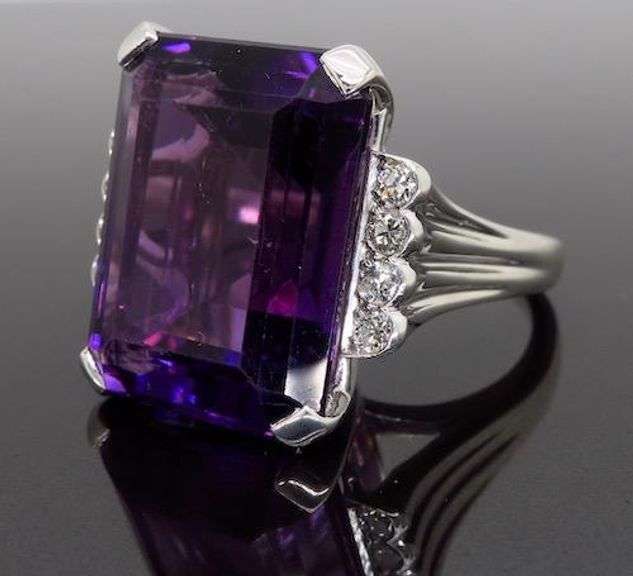 14K White Gold Amyethst and Diamond Ring