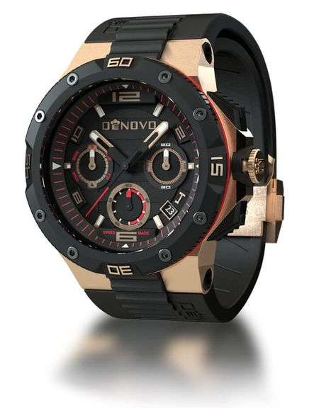 DeNovo Swiss Made men’s watch, 100m Water resistance, Rubber strap with extra leather strap