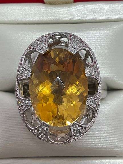 CERTIFIED NEW 14K WHITE GOLD DIAMOND AND CITRINE RING
