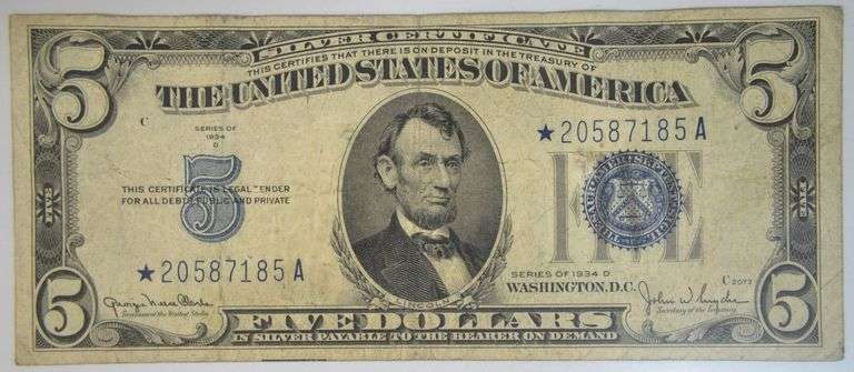 Scarce 1934-D Series $5 Silver Certificate STAR Note