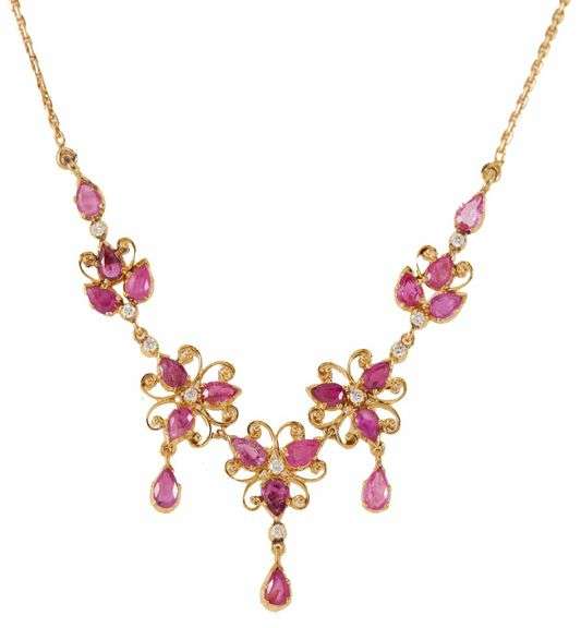 3.50ctw Pear Cut Ruby and 0.20ctw Diamond Filigree Necklace in 14K