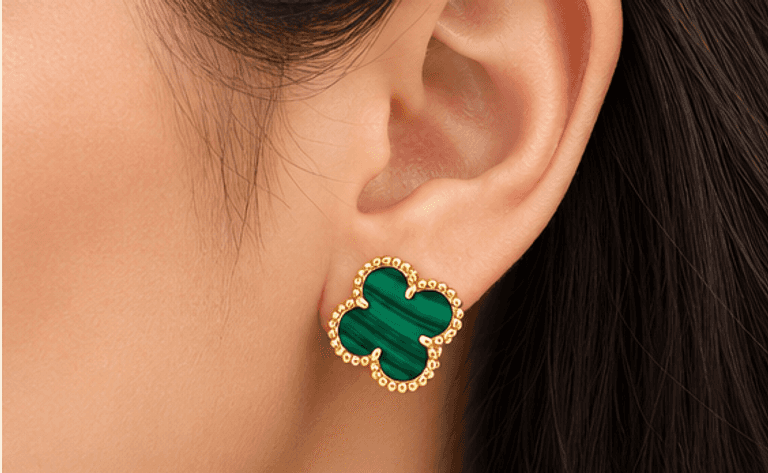 18KT Yellow Gold Green Malachite large Clover Stud Earrings