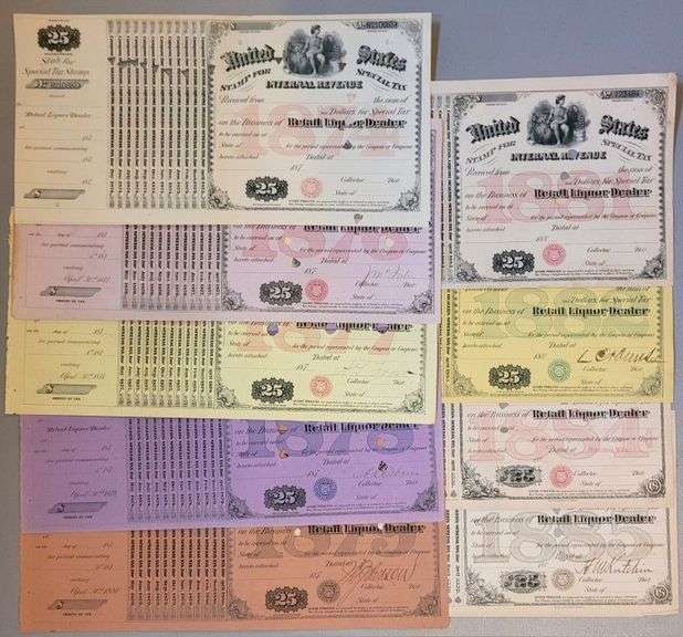 9 Diff. Vintage US IRS Special Tax Stamps 1874-1885