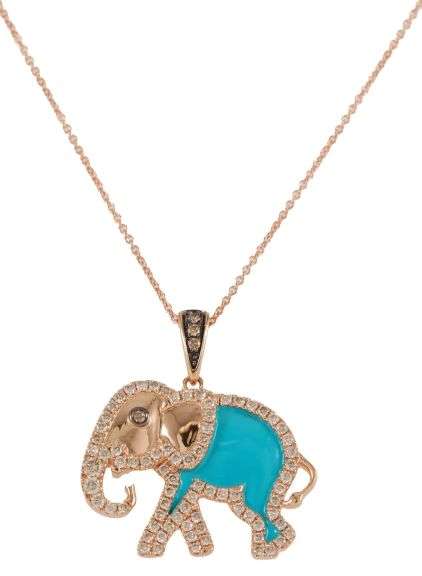 Italian Le Vian 0.67ctw Diamond and Turquoise Enamel Elephant Pendant Necklace in 14K