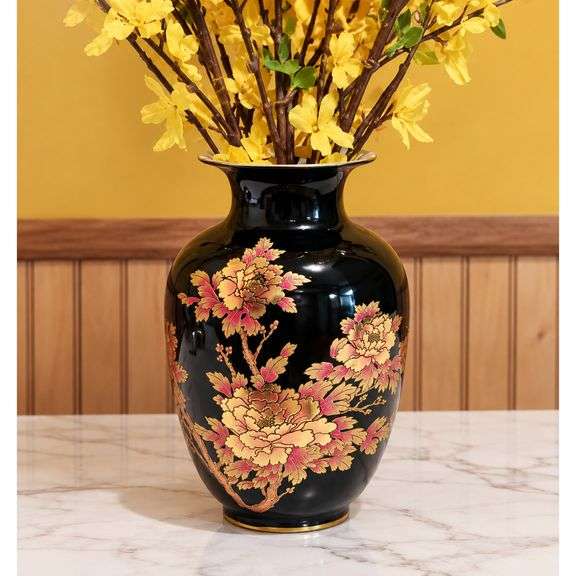 Black Ceramic Vase with Gold Peony Design