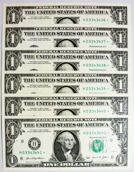 (6) Superb Crisp 2021 $1 Star Replacement Notes St Louis Consecutive!