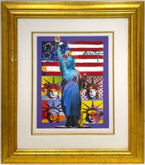 Rare Peter Max Mixed Media with Acrylic "Full Liberty with 4 Liberty Heads"