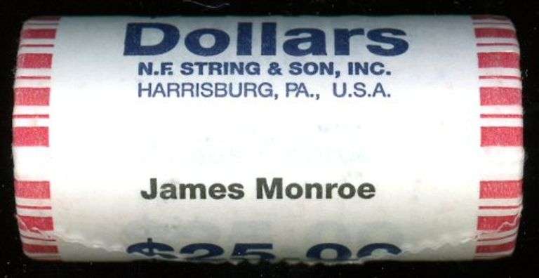 Bank-Wrapped Roll of BU 2008 James Monroe Golden Dollars