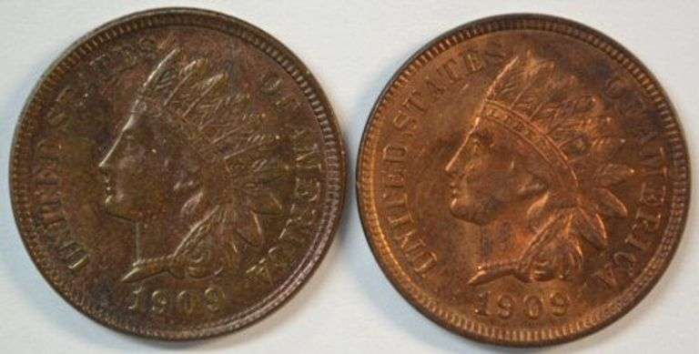 2 Near Gem 1909 Indian Head Cents: Reddish-brown & near Full Red. Full strikes