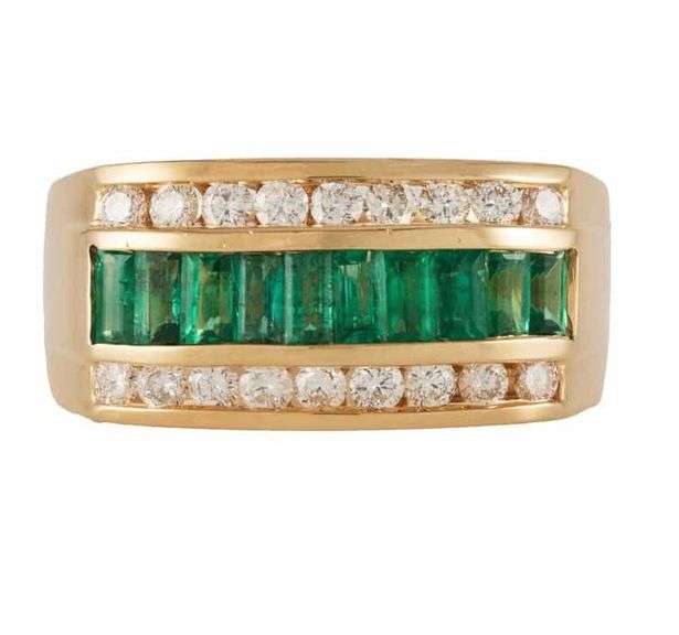 14kt Yellow gold emerald and diamond three row ring