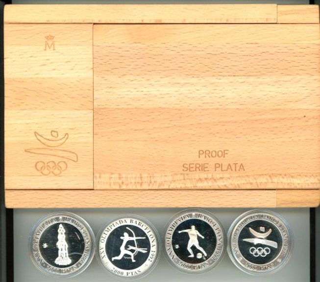 4-Piece Barcelona 1992 Olympic Proof Silver 2000 PTAS Coins in Deluxe Packaging