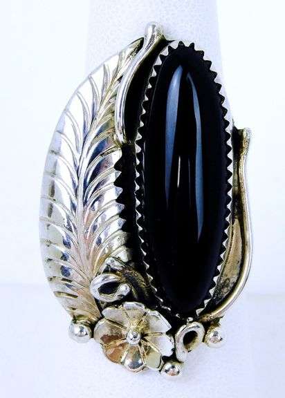 Signed MP Navajo Large Sterling Black Onyx Ring, 6