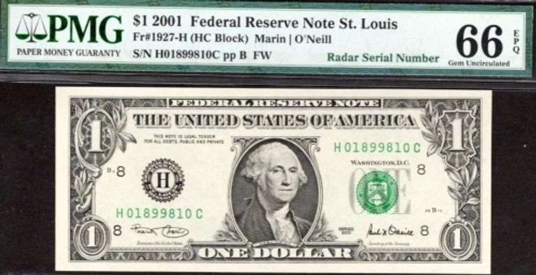 Superb Crisp 2001 $1 Note St Louis Fancy Radar 01899810 PMG 66!