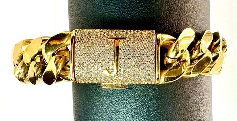 Sparkling 14 Kt Gold Plate 86.5 Grams Monogramed Initial "J" Curb Link Bracelet
