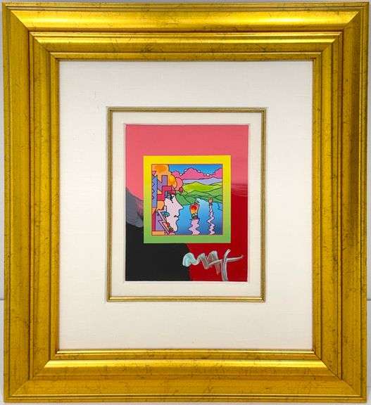 Rare Peter Max Mixed Media with Acrylic "Geometric Profile and Sailboats on Blends"