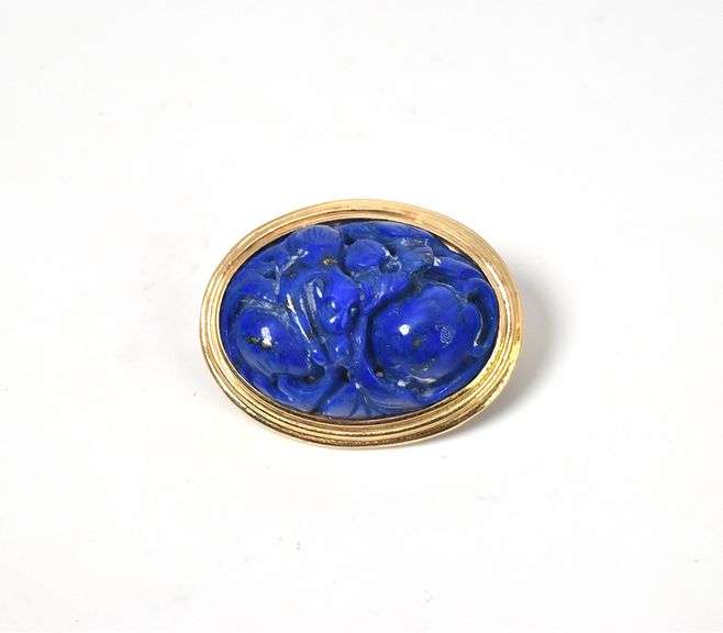 Interesting 14K Yellow Gold Lapis Lazuli Gemstone Brooch