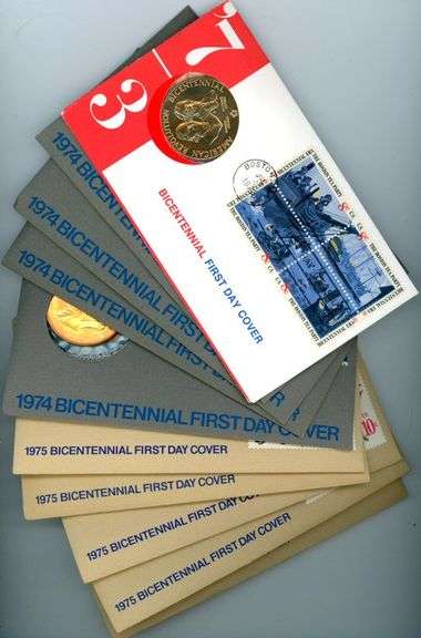 Group of 10 Assorted Bicentennial First Day Covers w/Medals: 1973-1975