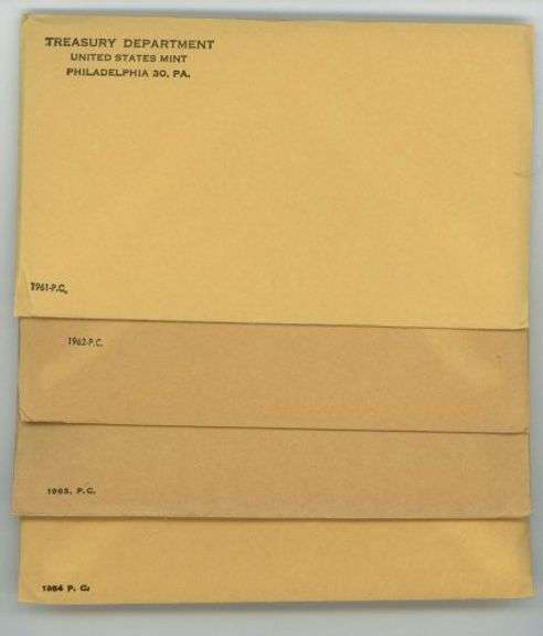 Run of 4 Different Silver Proof Sets 1961 to 1964. Original envelopes