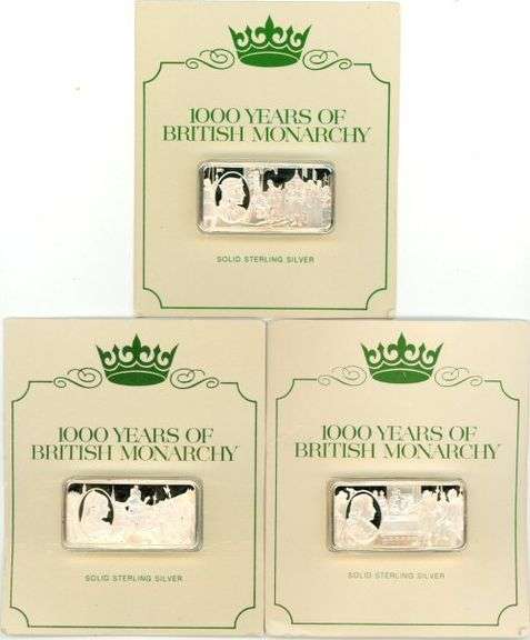 3 Diff. 1000 Years British Monarchy Solid Sterling Silver Bars (1000 Grains ea.) Franklin Mint