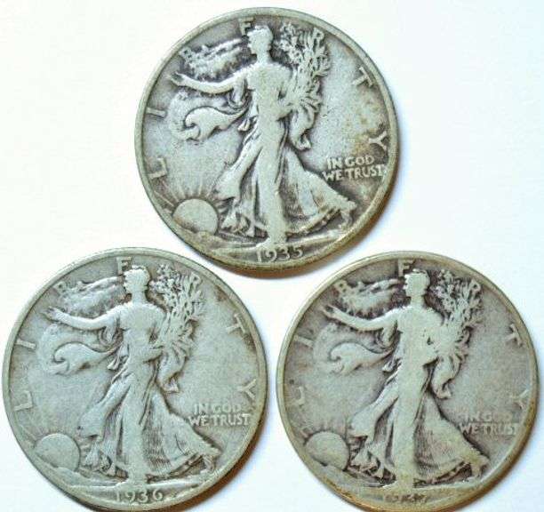 3 Different Walking Liberty Half Dollars: 1935-D, 1936-S, & 1937-D