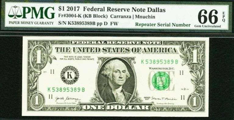Superb Crisp 2017 $1 Note Dallas Fancy Repeater 53895389 PMG 66!