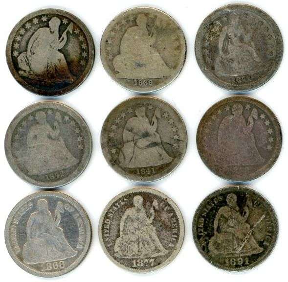9 Different Lower End Liberty Seated Dimes: 1839-1891