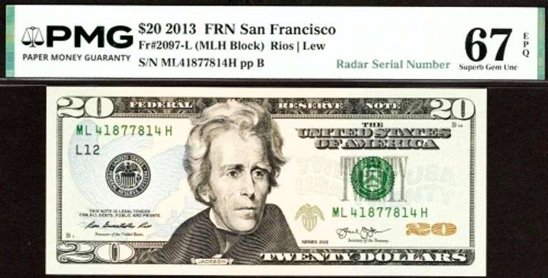 Superb Crisp 2013 $20 Note S.F. Fancy Radar 41877814 PMG 67!