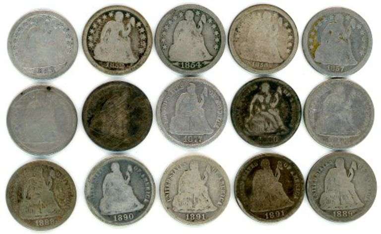 15 Different Liberty Seated Dimes in G-VG: 1843-1891-S