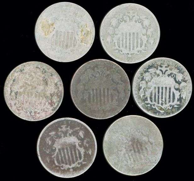 7 Assorted Shield Nickels in Low End Condition
