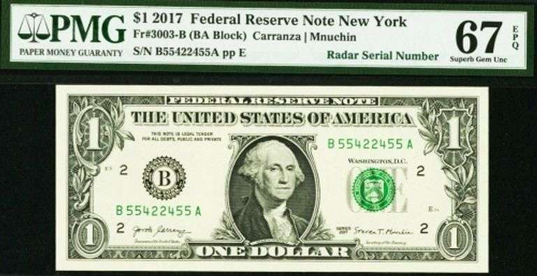 Superb Crisp 2017 $1 Note N.Y. Fancy Radar 55242455 PMG 67!