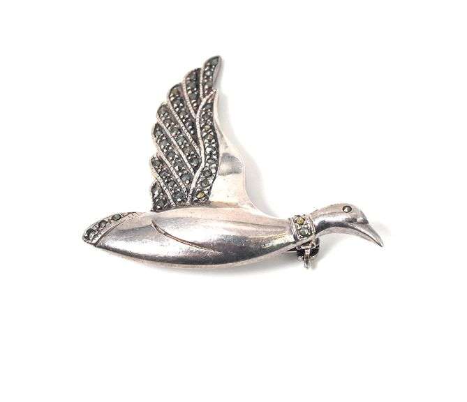 Sterling Silver Marcasite Gemstone Goose Brooch