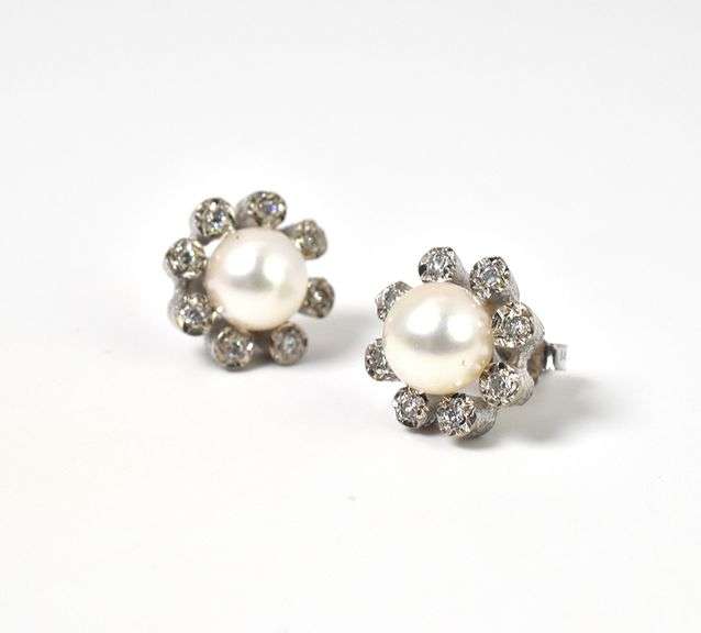 Vintage 14K White Gold Pearl Stud Earrings with Diamond Accents