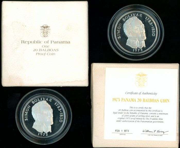 2 Different Republic of Panama Silver Proof 20 Balboas in Boxes