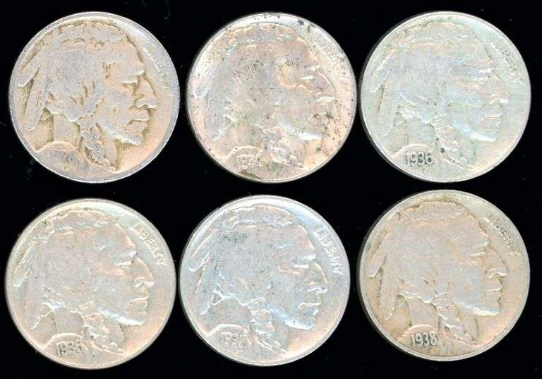 6 Assorted Buffalo Nickels: 1928-1938