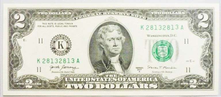 Superb Crisp 2017A $2 Note Dallas Fancy Repeater Serial Number 28132813!