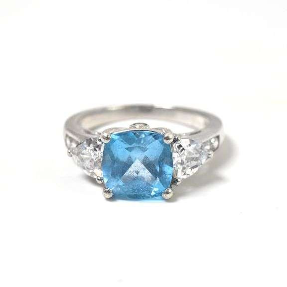 Sterling Silver Blue Topaz Gemstone Ring with Cubic Zirconia Gemstone Accents