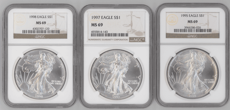 3 Nearly Flawless better date $1 Silver Eagles in NGC MS69 holders
